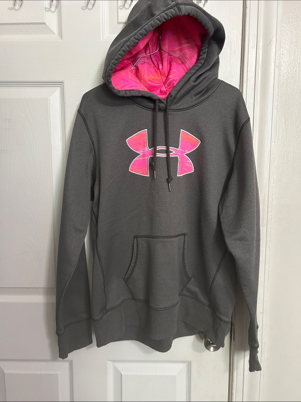 Under Armour Dark Gray Hoodie with Hot Pink Logo & Lined Hood